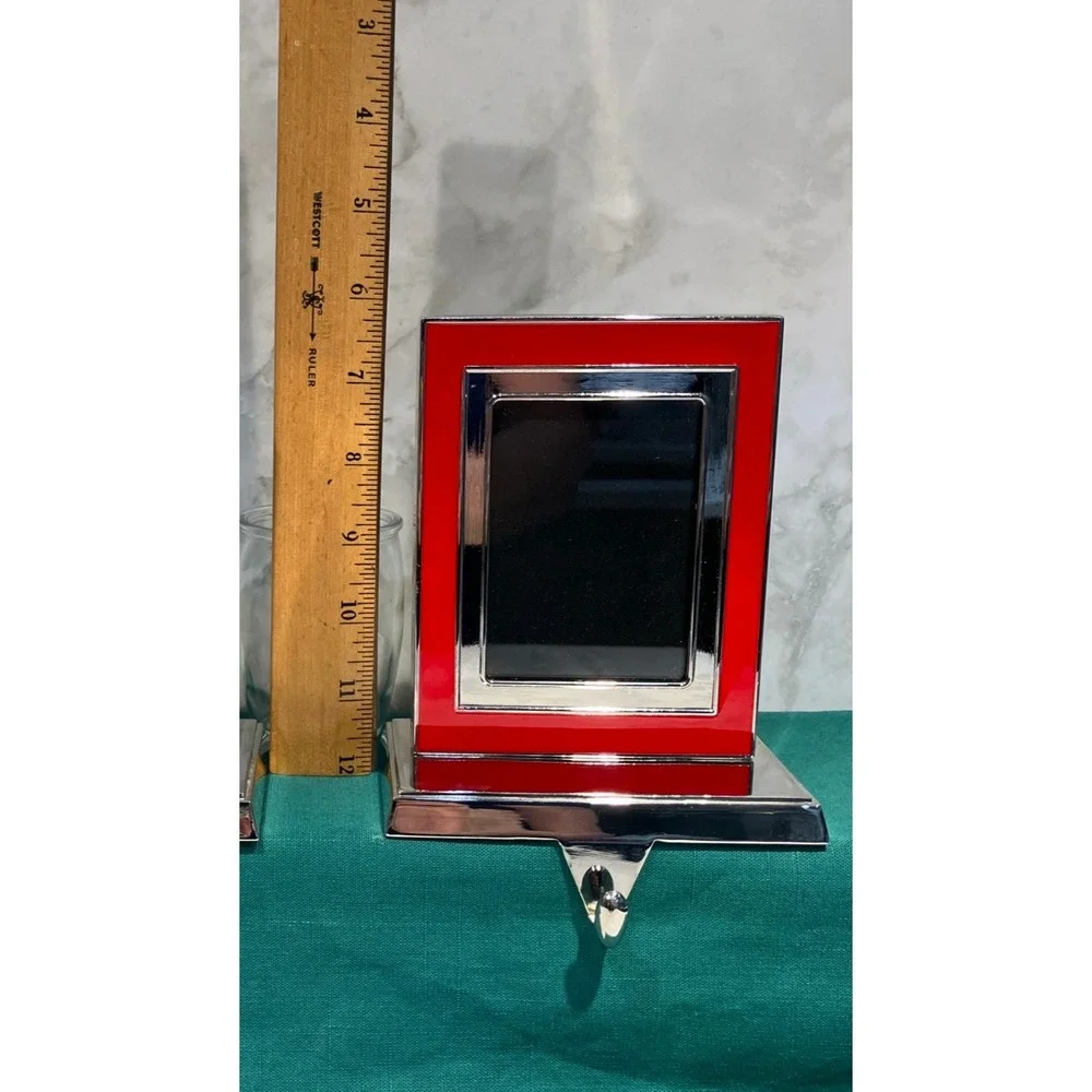 Pottery Barn Red Grosgrain‎ Picture Photo Frame Stocking Holders Silver Nickel